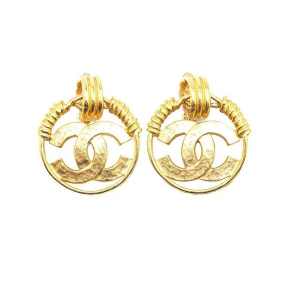 CHANEL CC logos Dangle Earrings Clip-On Earrings Gold Tone 94P Auth #07785 - Picture 1 of 3
